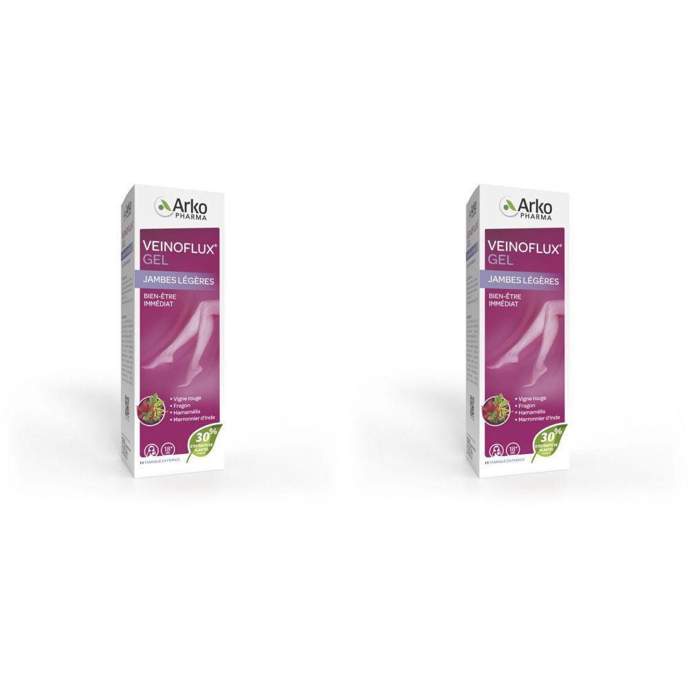Deux boîtes rectangulaires. Inscription Veinoflux Gel, logo Arkopharma, illustration de jambes. Couleur dominante : blanc, violet.