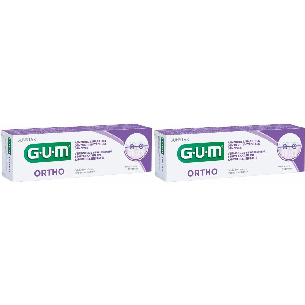 Zwei rechteckige Verpackungen mit dem Logo G•U•M und der Aufschrift ORTHO. Lila und grüne Akzente. Text in mehreren Sprachen.