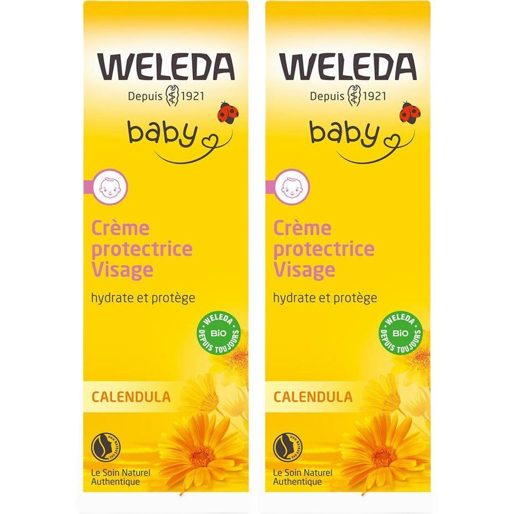 Zwei gelbe Tuben mit Aufschrift WELEDA Baby Crème protectrice Visage. Bio-Siegel und Calendula-Blüte.
