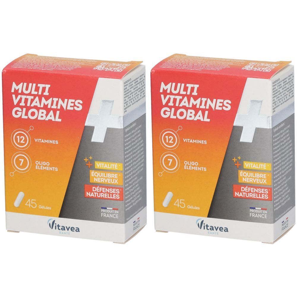 Deux boîtes de Nutrisanté Multi Vitamines Global. Inscription : 12 vitamines, 7 oligo-éléments, vitalité, équilibre nerveux, défenses naturelles. Marque : VitaVea.