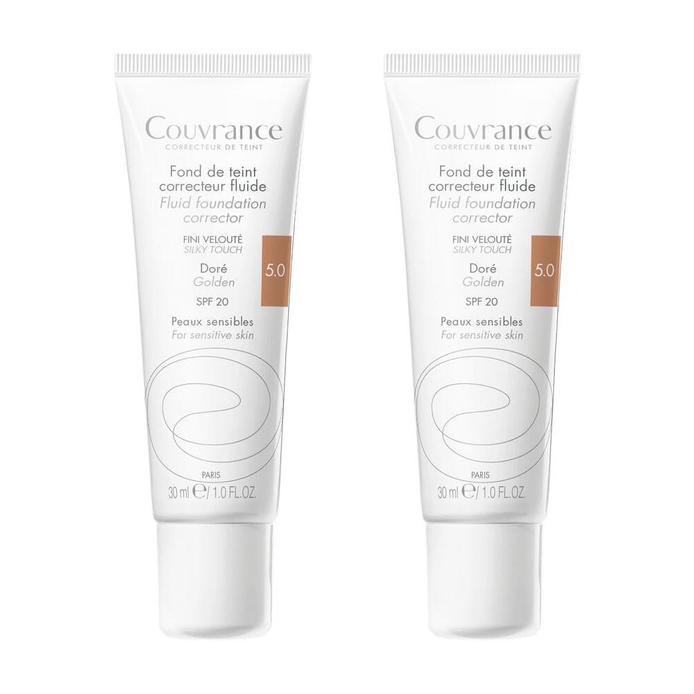 Deux tubes de fond de teint fluide. Inscription : Couvrance, Doré 5.0, SPF 20. Pour peaux sensibles. 30 ml.