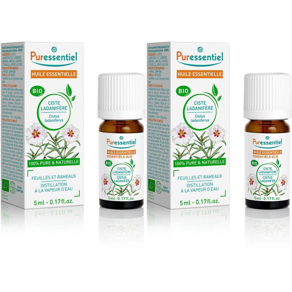 Trois flacons et emballages. Inscription : Puressentiel Huile Essentielle Ciste Ladanifère BIO. 100% pur et naturel. 5ml.