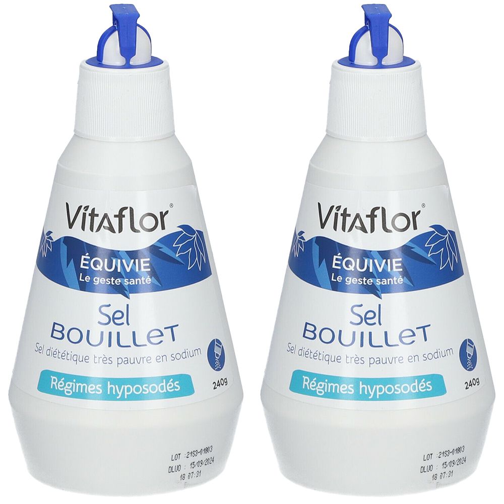 Zwei weiße Flaschen mit blauem Deckel. Aufschrift: Vitaflor, ÉQUIVIE, Sel BOUILLET, Régimes hyposodés. Diätsalz.
