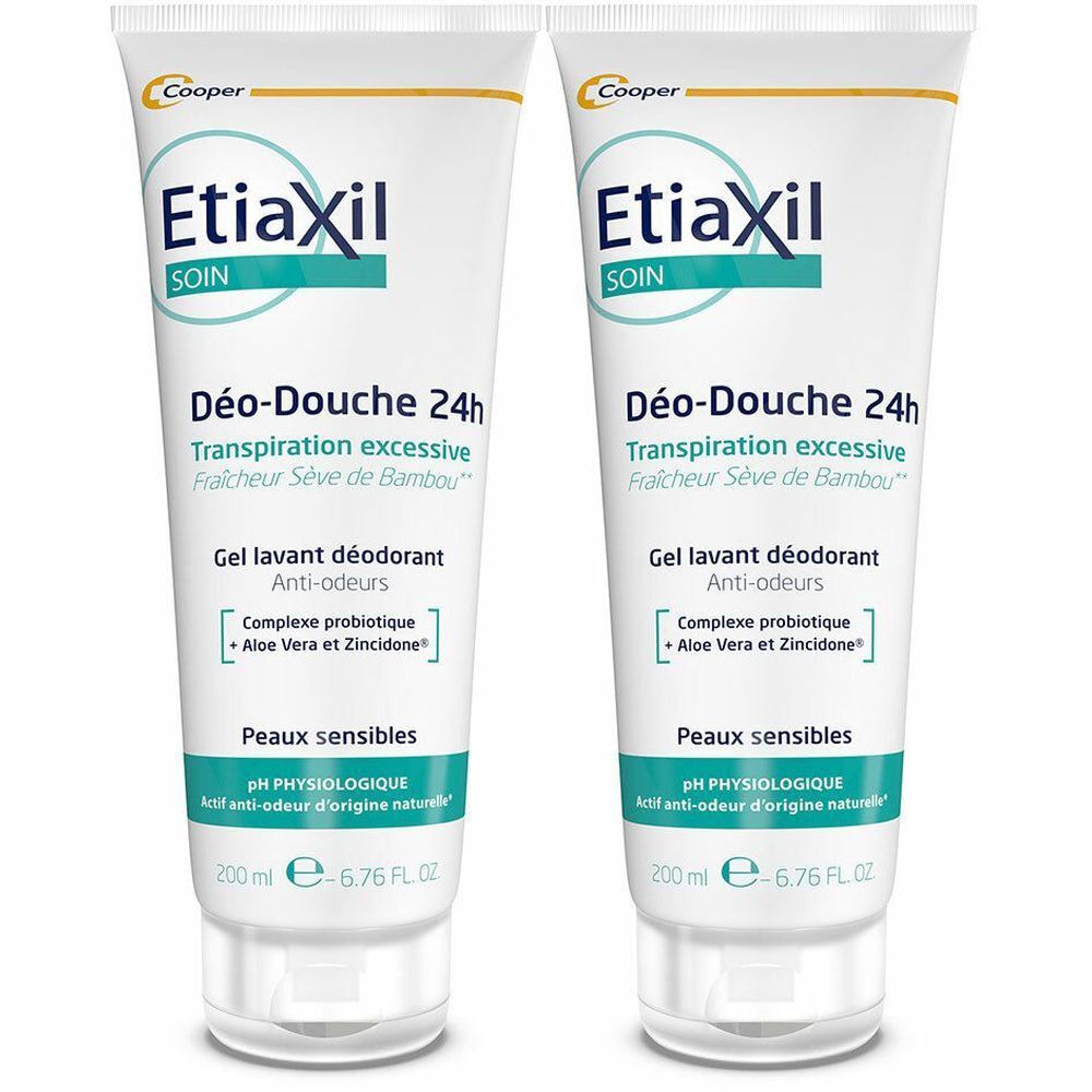 Zwei Tuben ETIAXIL Déo-Douche 24h. Weiß, mit blauer und grüner Schrift. Enthält Aloe Vera und Zinkidone. Für empfindliche Haut.