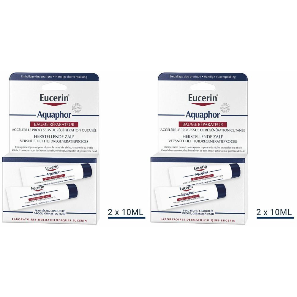 Zwei Packungen Eucerin Aquaphor. Jede Packung enthält zwei Tuben. Aufschrift: Baume Réparateur, 2 x 10 ml.