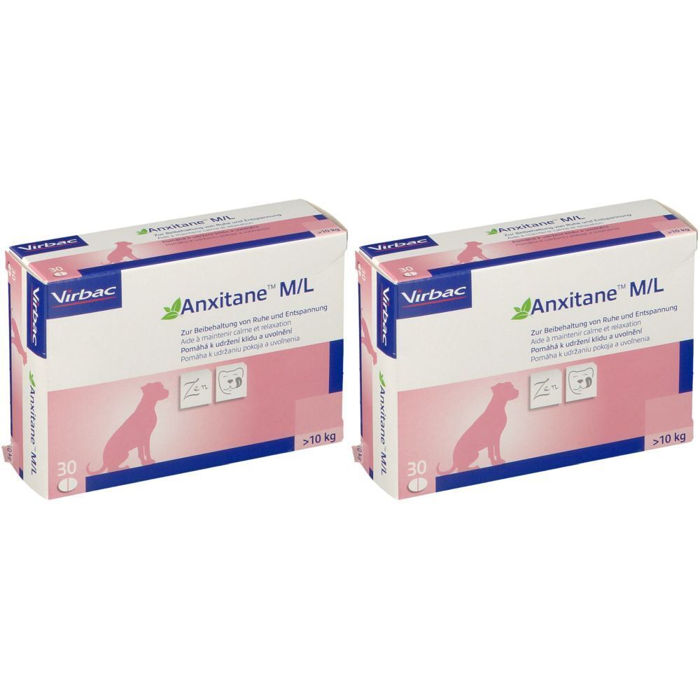 Deux boîtes "Anxitane M/L" Virbac. Contiennent 30 comprimés, pour chiens >10 kg. Logo chien rose.