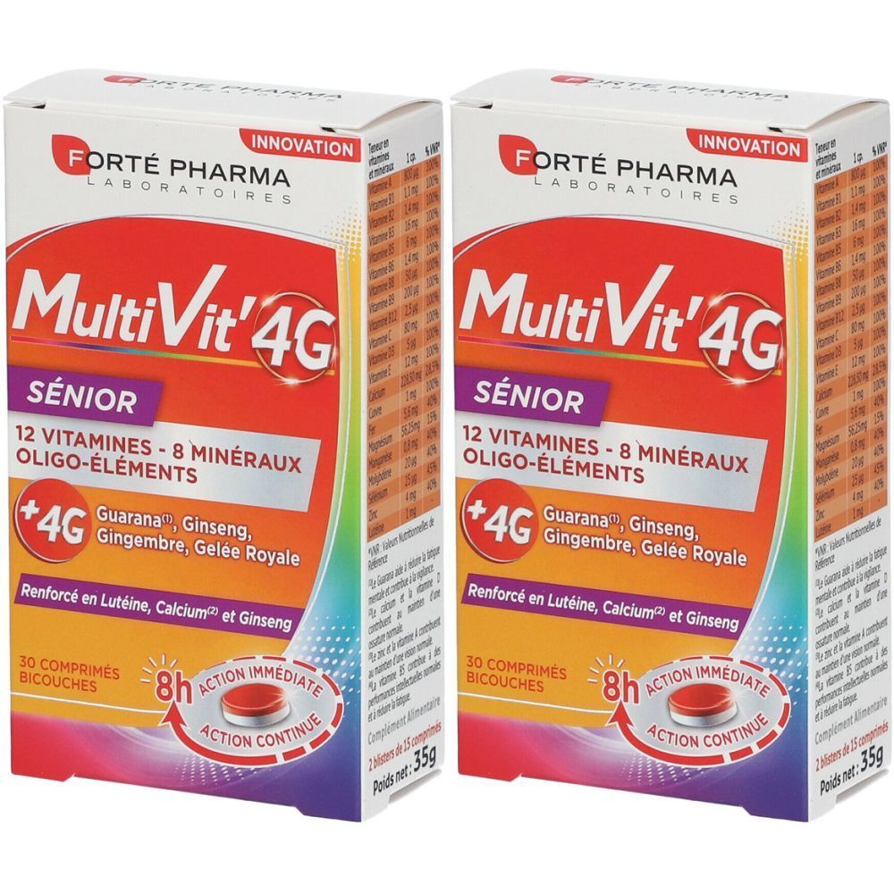 Zwei Schachteln Forté Pharma MultiVit'4G Senior. Aufschrift: 12 Vitamine, 8 Mineralien, Oligo-Elemente. Mit Guarana, Ginseng, Ingwer, Gelée Royale.