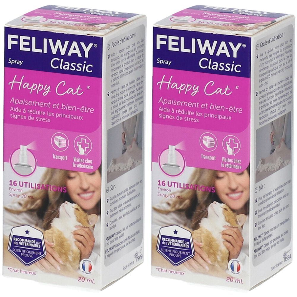 Zwei Kartons FELIWAY Classic Spray. Aufschrift: Happy Cat, Apaisement et bien-être. 20 ml Flaschen. Empfohlen von Tierärzten.