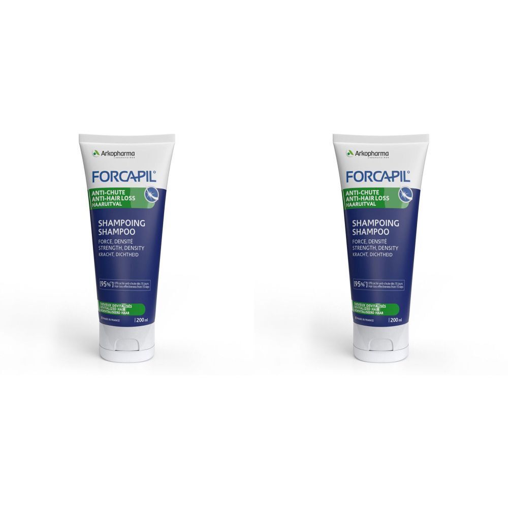 Zwei Tuben FORCAPIL Shampoo. Weiß-blaue Verpackung mit Produktnamen und Angaben zur Anwendung.