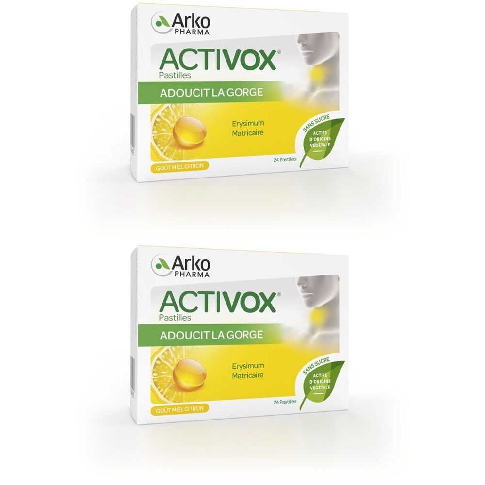 Zwei Packungen Activox Pastilles. Weiße Schachteln mit grünen und gelben Akzenten. Aufschrift: Activox, Pastilles, Adoucit la gorge.