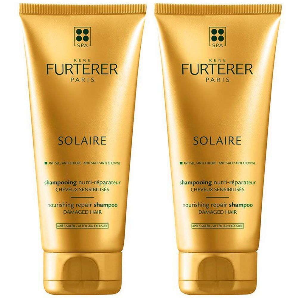Deux tubes dorés de shampooing. Inscription: René Furterer Solaire, shampooing nutri-réparateur, pour cheveux abîmés par le soleil.