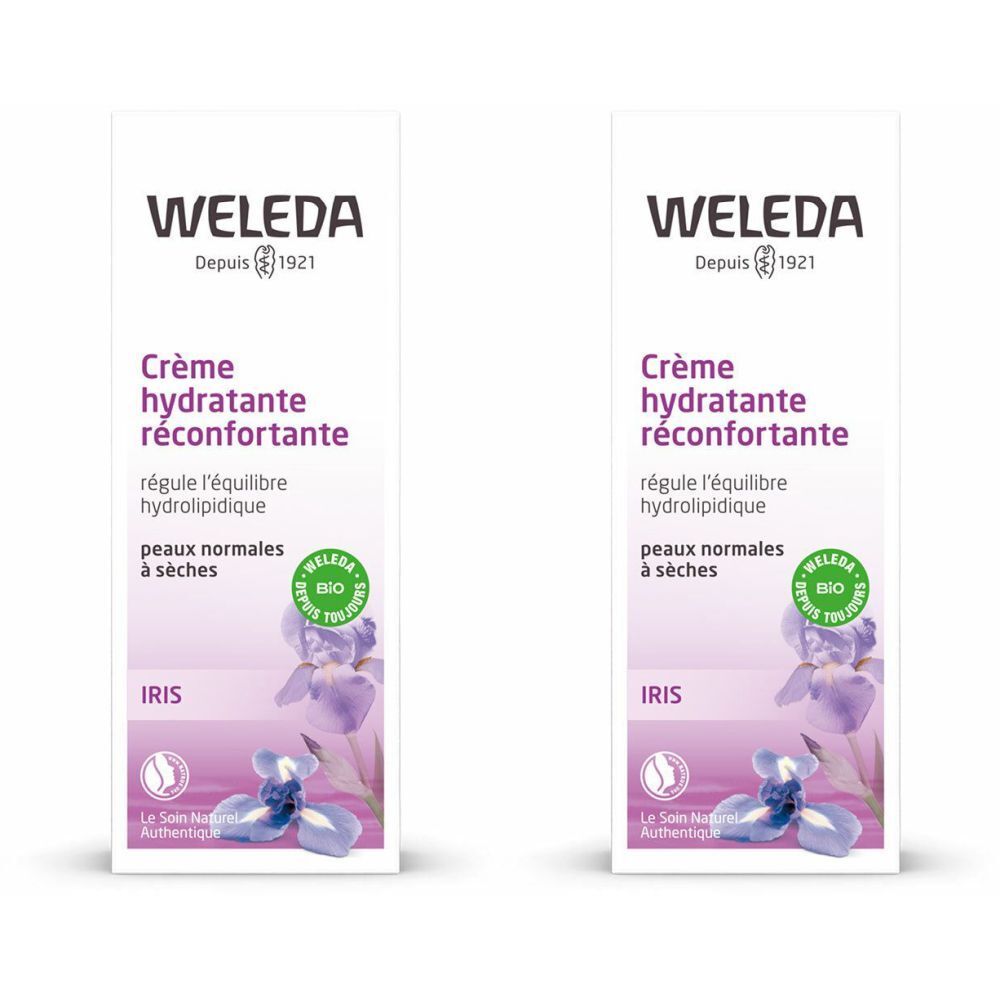 Zwei weiße Tuben mit Aufschrift WELEDA, Crème hydratante réconfortante, Iris. Mit Bio-Siegel und Iris-Blüten-Illustration.