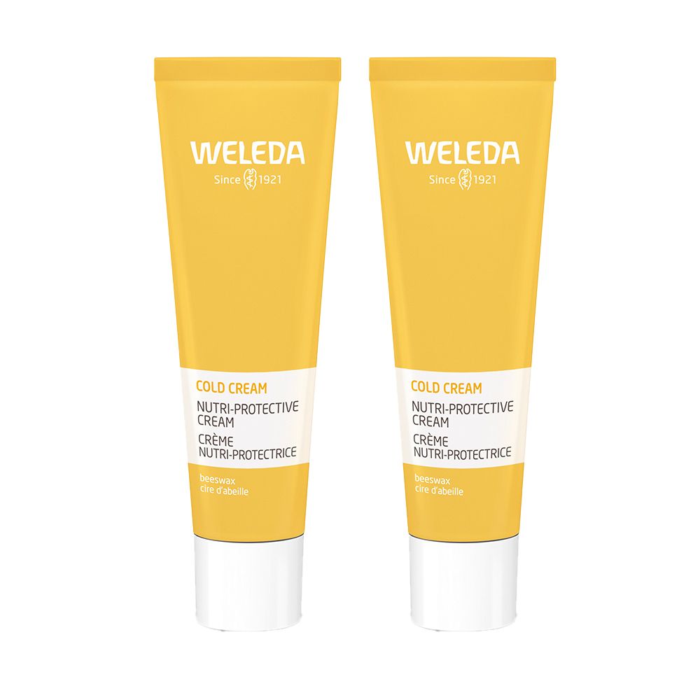 Zwei gelbe Tuben mit weißem Verschluss. Aufschrift: WELEDA, Cold Cream, Nutri-Protective Cream.