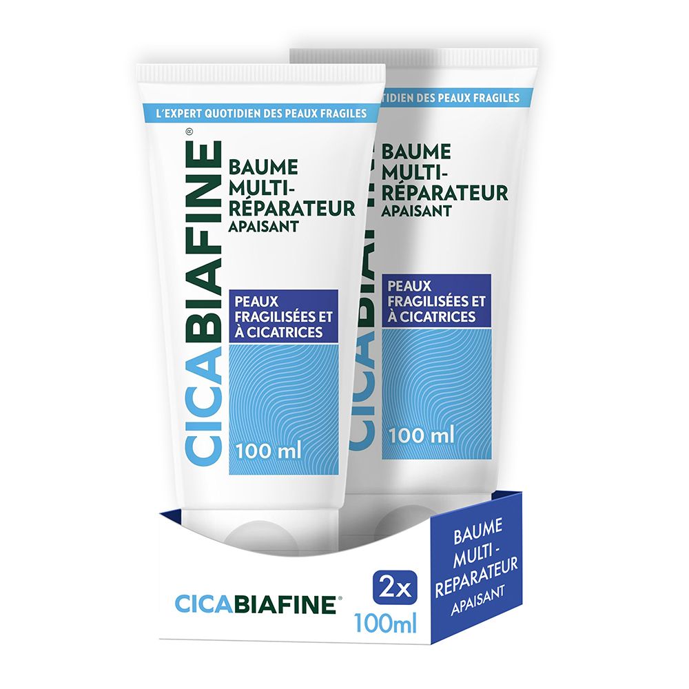 Mehrere Tuben und Kartons. Aufschrift: CicaBiafine Baume multi-réparateur apaisant. Für gereizte Haut und Narben. 100ml.
