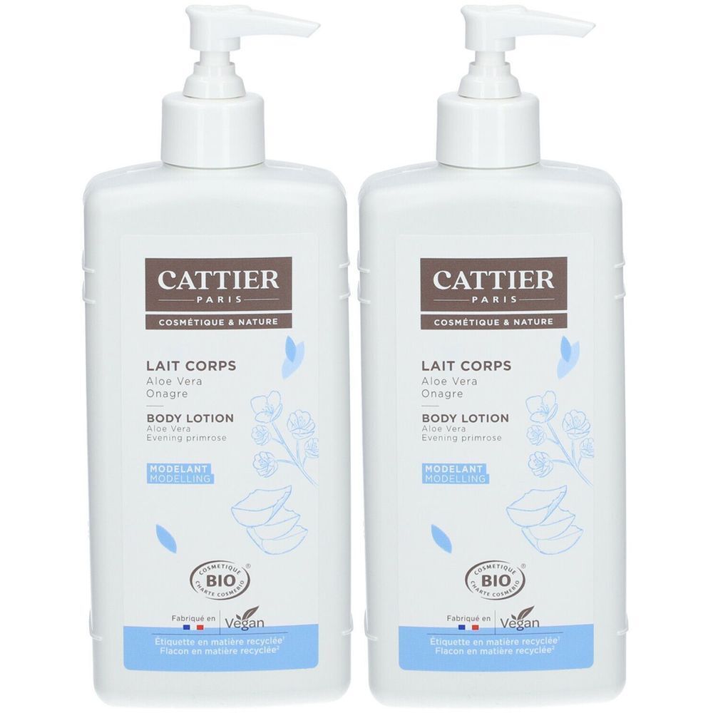 Deux flacons blancs avec pompe. Inscriptions: Cattier Paris, Lait Corps, Body Lotion, certification Bio, Vegan.