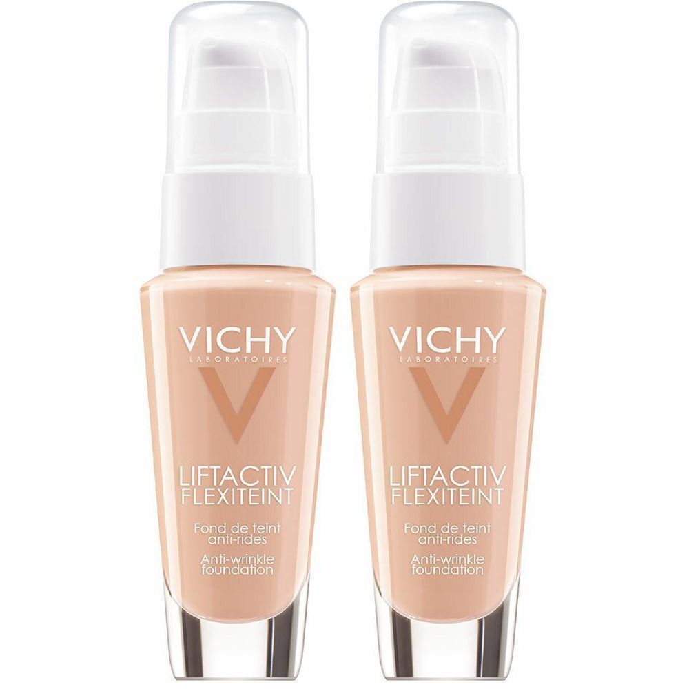 Deux flacons de fond de teint VICHY LiftActiv Flexiteint Nr. 55 Bronze. Base liquide beige avec pompe blanche. Inscriptions et logo.