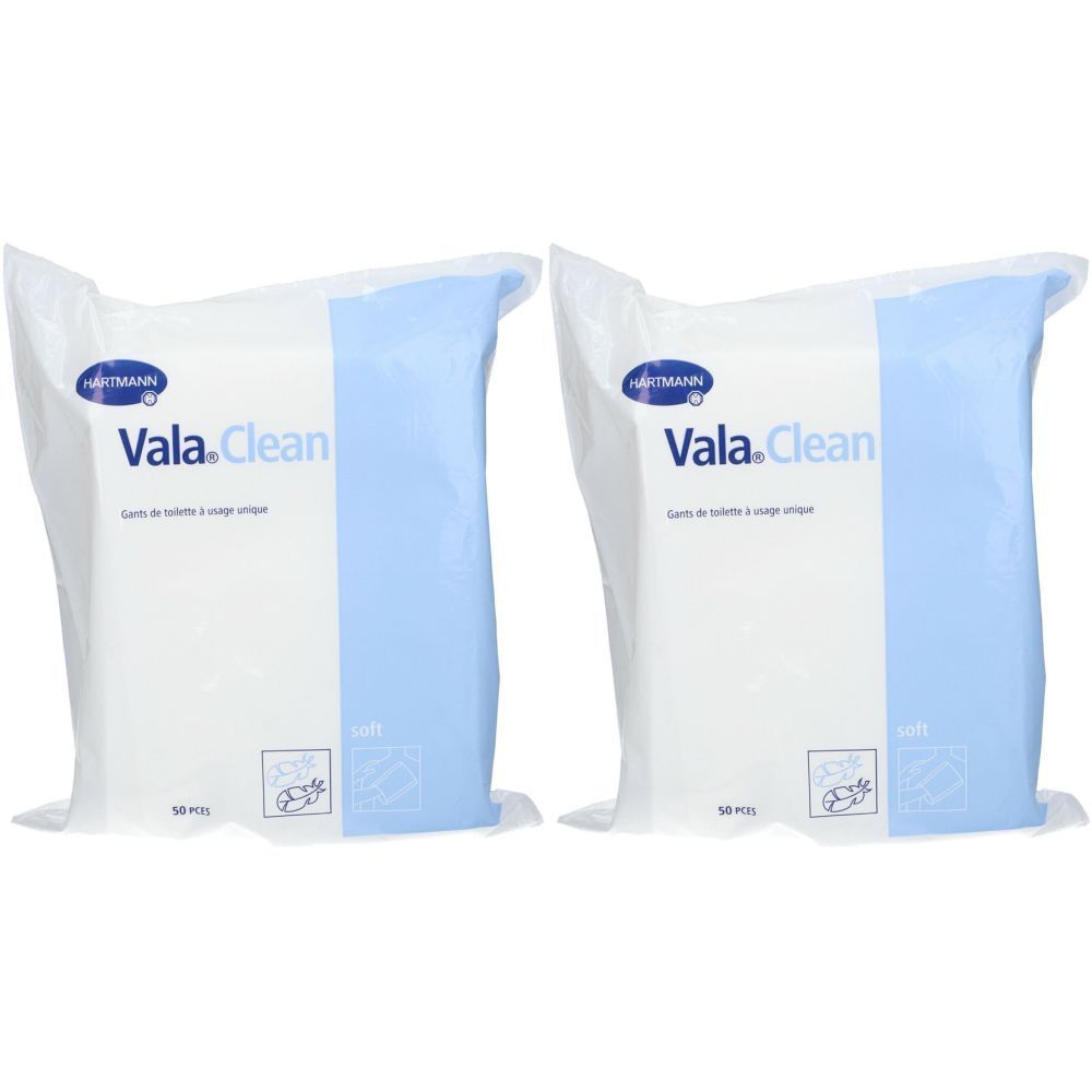 Deux paquets de lingettes nettoyantes Vala.Clean. Emballage blanc avec accent bleu. Marque Hartmann et nom du produit clairement visibles.