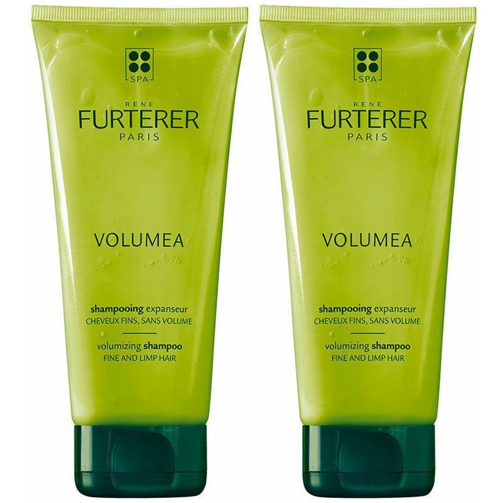 Zwei grüne Tuben Shampoo. Aufschrift: René Furterer Paris, VOLUMEA, Shampooing expanseur, volumizing shampoo.