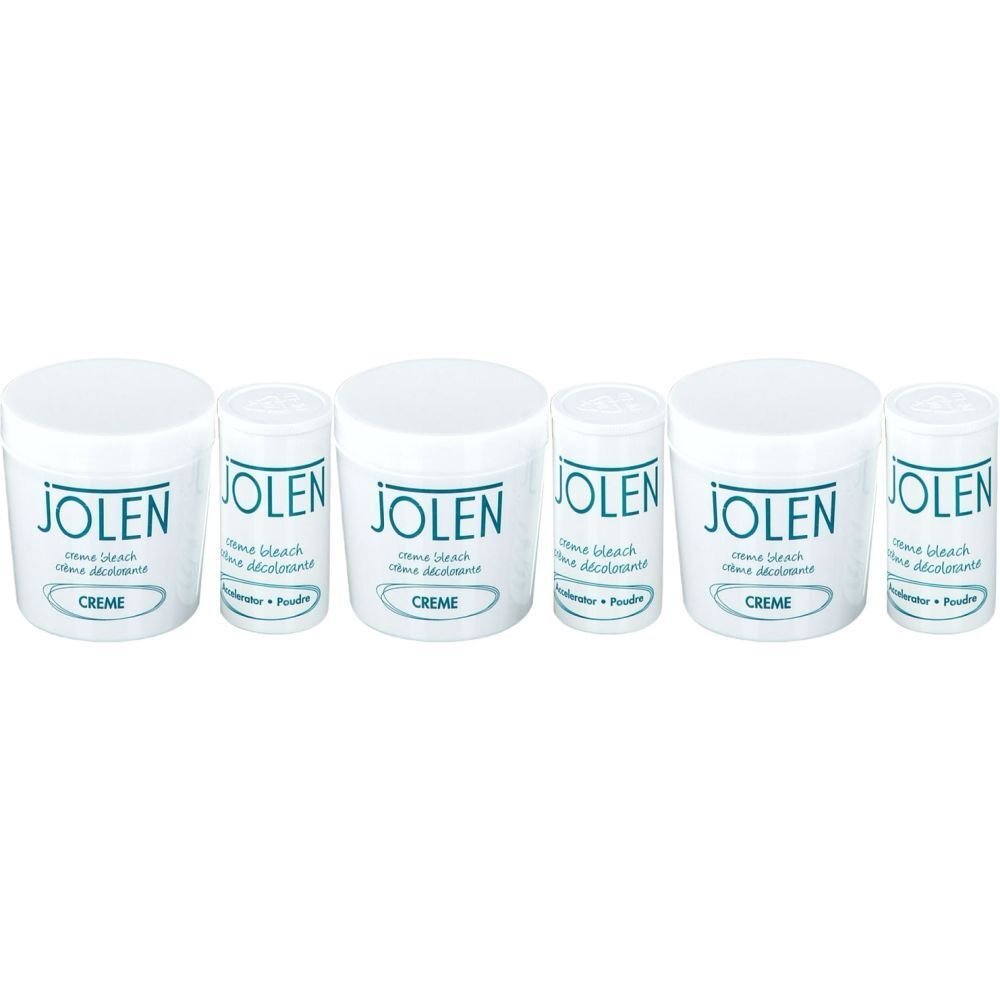 Mehrere weiße Tiegel und kleine zylindrische Behälter. Auf den Behältern steht "JOLEN" und "Crème décolorante".