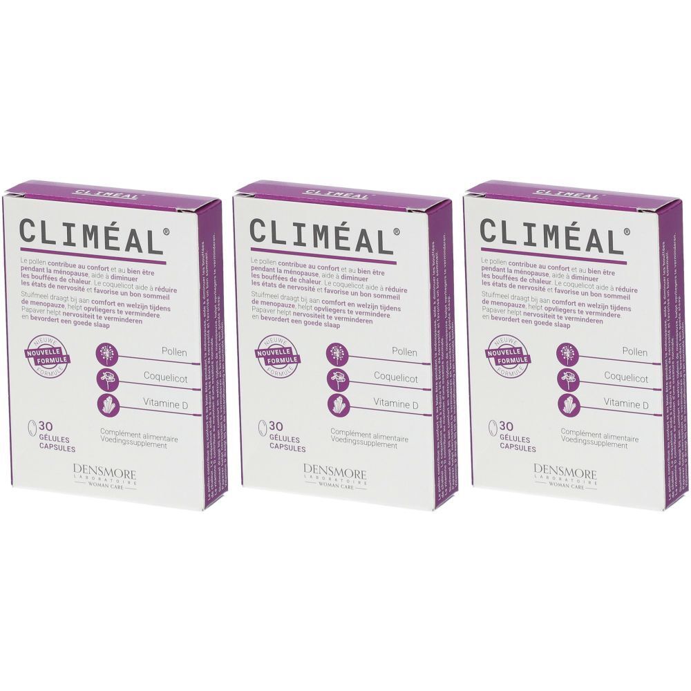 Drei Schachteln Climeal. Aufschrift: 30 Kapseln, Pollen, Coquelicot, Vitamin D. Marke: Densmore.