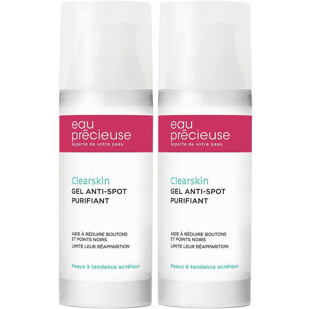 Deux flacons de gel anti-imperfections Eau Précieuse Clearskin. Flacons blancs, étiquettes roses avec texte.