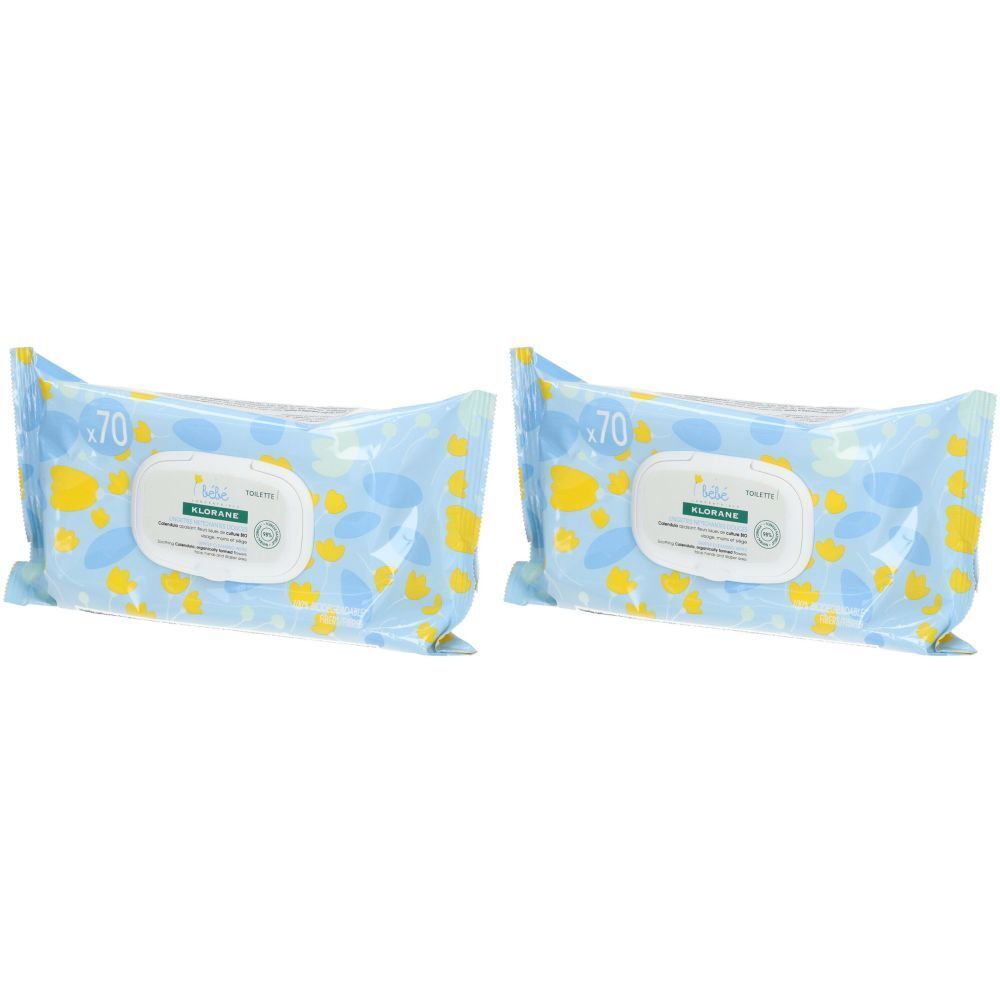 Deux paquets de lingettes nettoyantes pour bébé. Emballage bleu avec motifs jaunes et bleus. Inscription : Klorane Bébé.