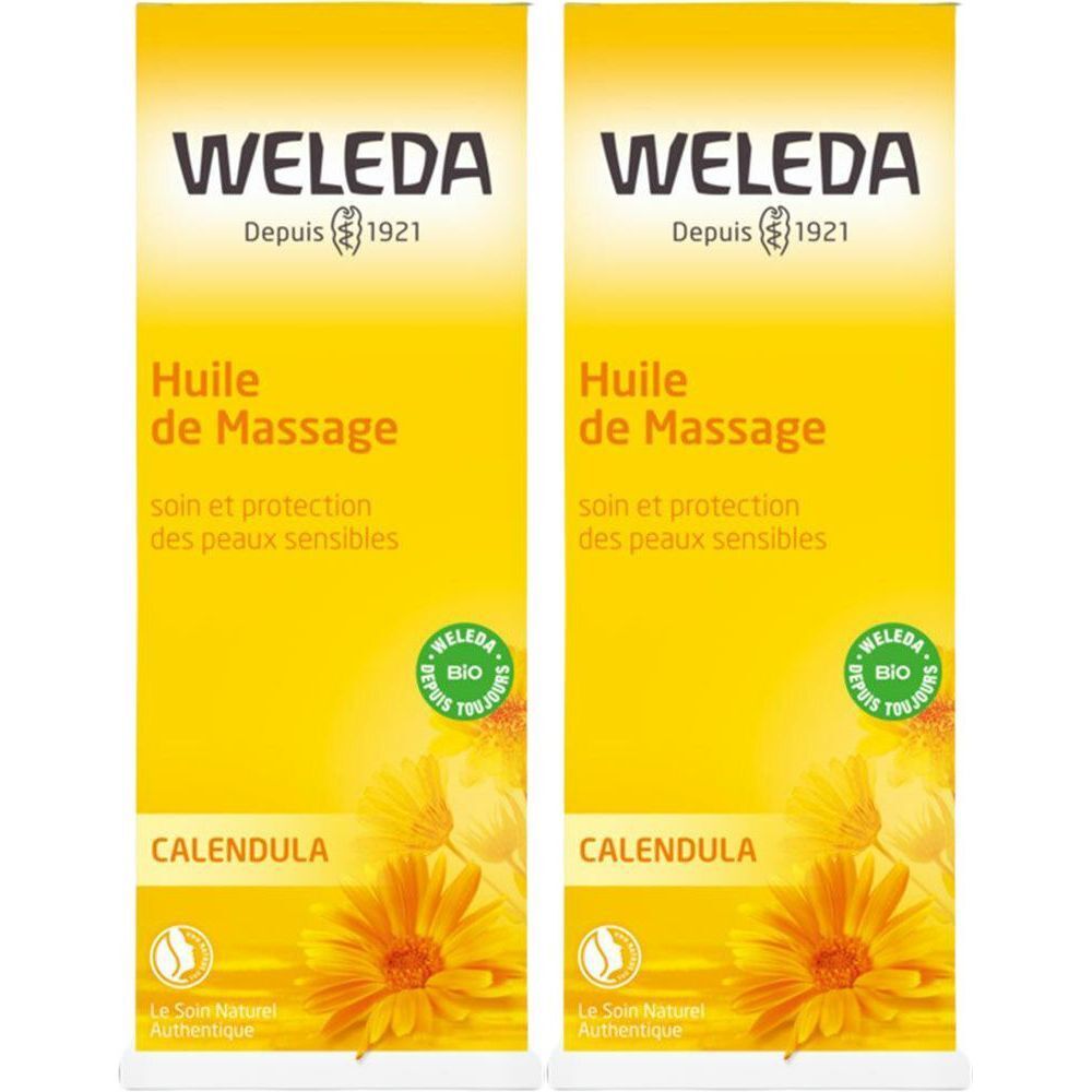 Zwei gelbe Werbetafeln mit Weleda-Logo, Produktnamen und Bio-Siegel. Text: Huile de Massage, Calendula.