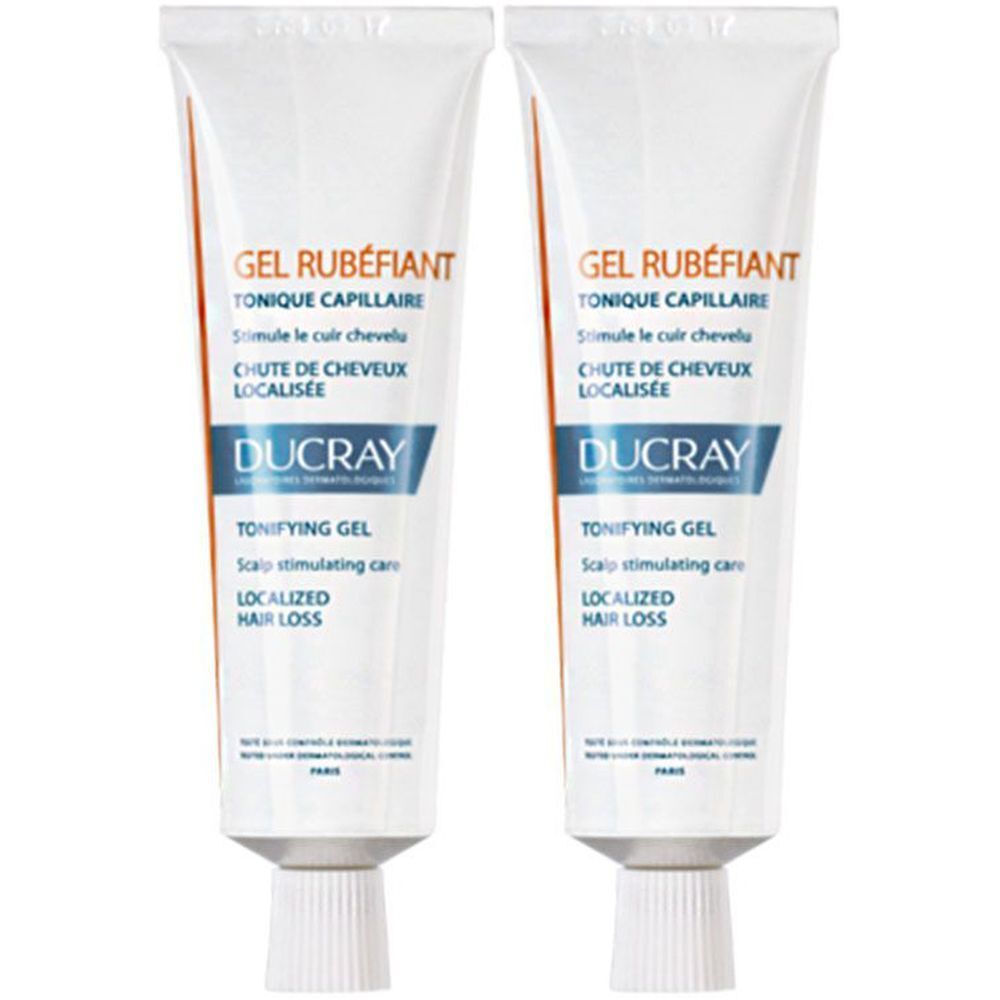 Deux tubes de gel. Inscription: GEL RUBÉFIANT, TONIQUE CAPILLAIRE, DUCRAY. Pour la chute de cheveux localisée.