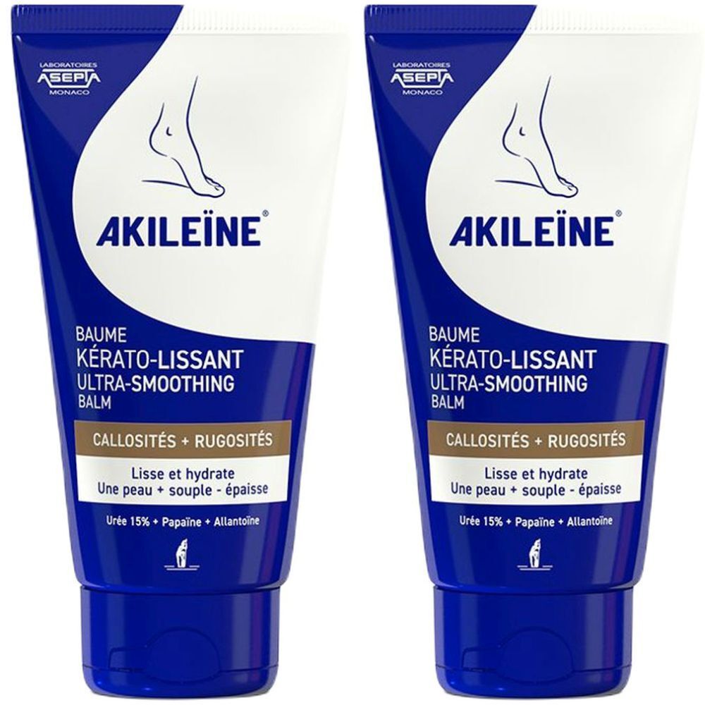 Zwei Tuben Akileïne® Baume Kérato-Lissant. Blaue und weiße Verpackung mit Produktnamen und Fuß-Illustration. Text: Ultra-Smoothing Balm.
