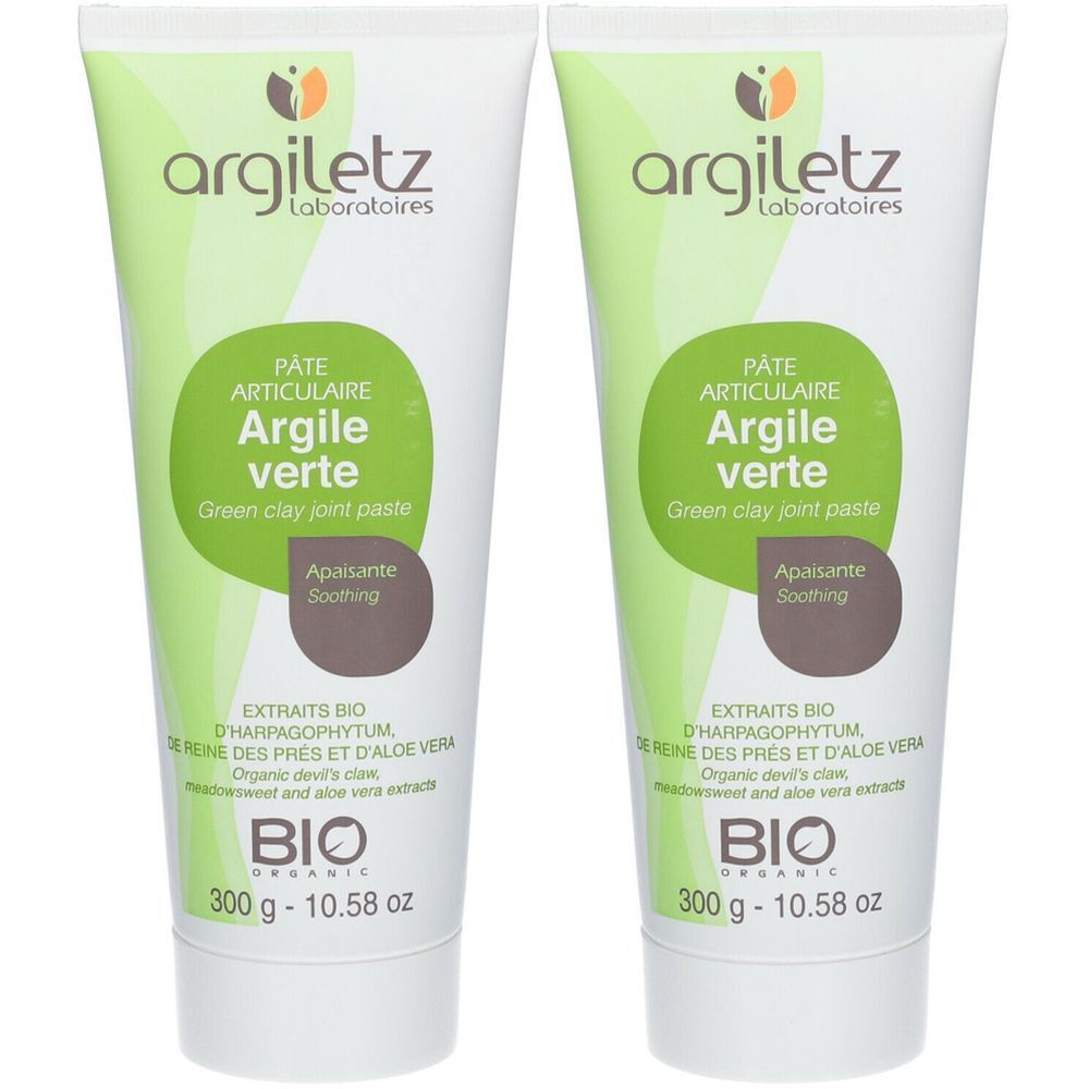 Zwei Tuben Argiletz Pâte articulaire apaisante Argile verte. Weiße Tuben mit grüner Beschriftung. Aufschrift: Argile verte, BIO.