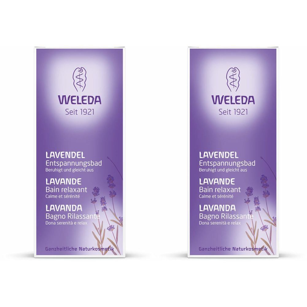 Zwei rechteckige Verpackungen mit lila Farbverlauf. Oben steht "WELEDA Seit 1921". Darunter "Lavendel Entspannungsbad".