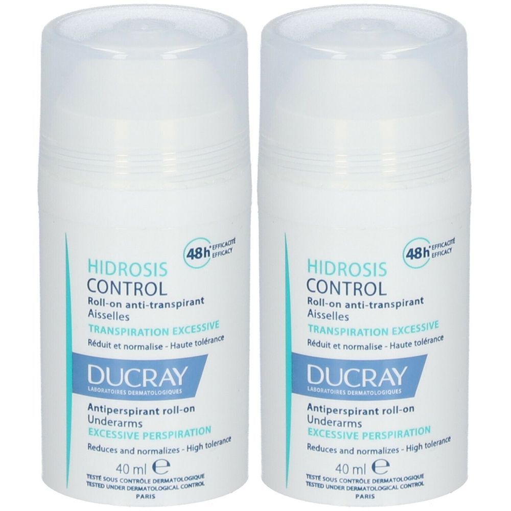 Zwei Roll-on-Deodorants. Weißes Gehäuse mit blauem Etikett. Text: HIDROSIS CONTROL, DUCRAY, 40 ml. 48h Wirksamkeit.