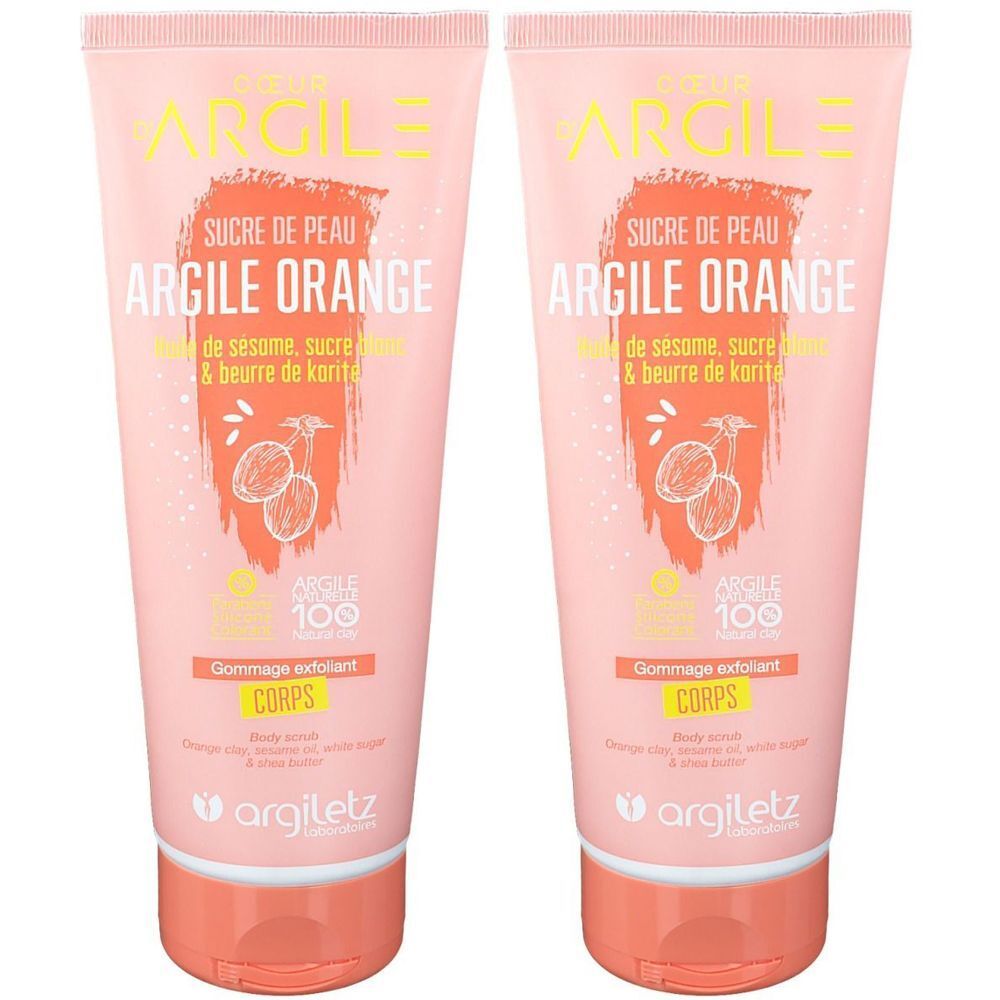 Deux tubes de gommage corporel. Tubes roses avec accents orange. Texte : Argile Orange, Gommage exfoliant Corps.