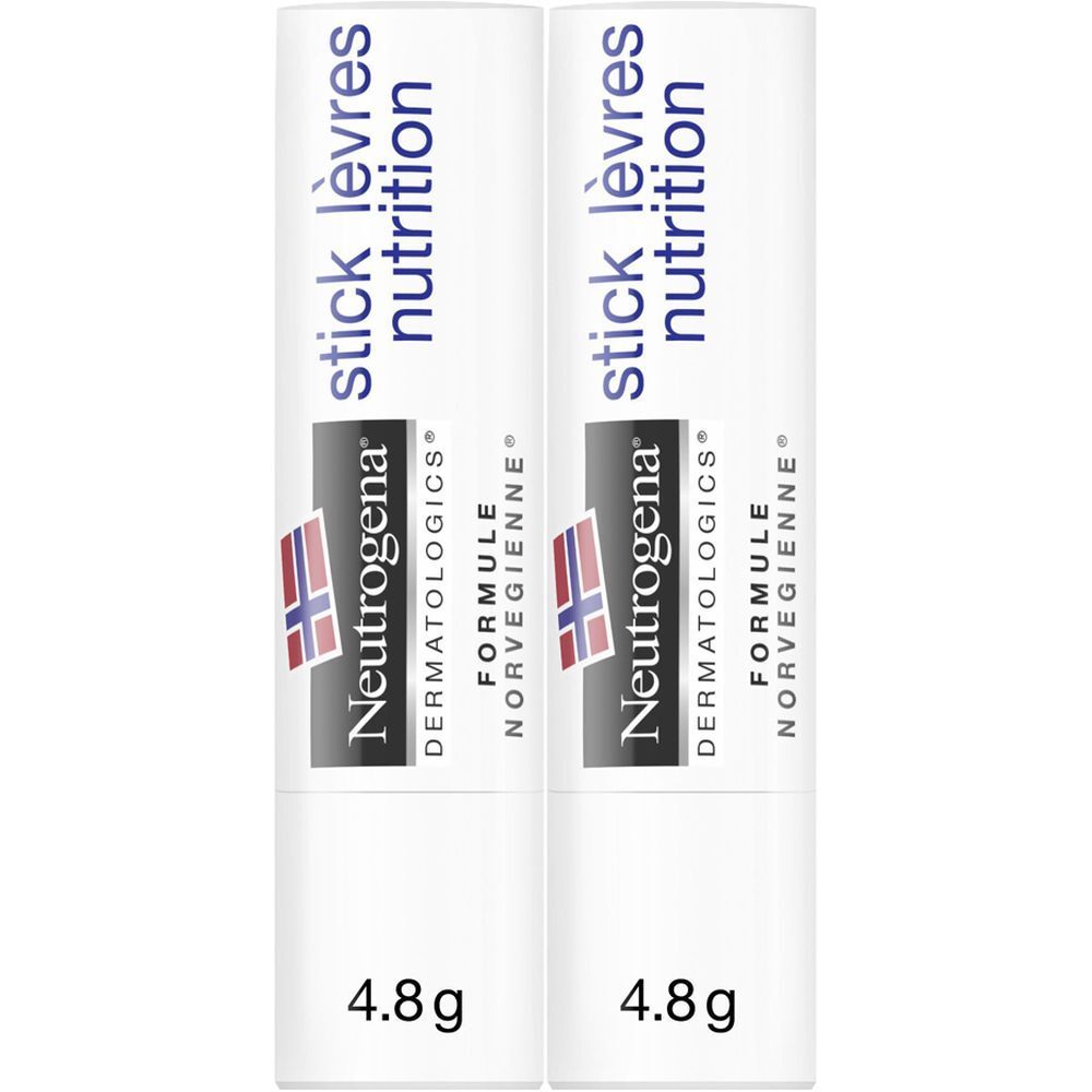 Zwei weiße Lippenpflegestifte. Aufschrift: Neutrogena, Stick lèvres nutrition, Formule Norvégienne. Unten: 4,8 g.
