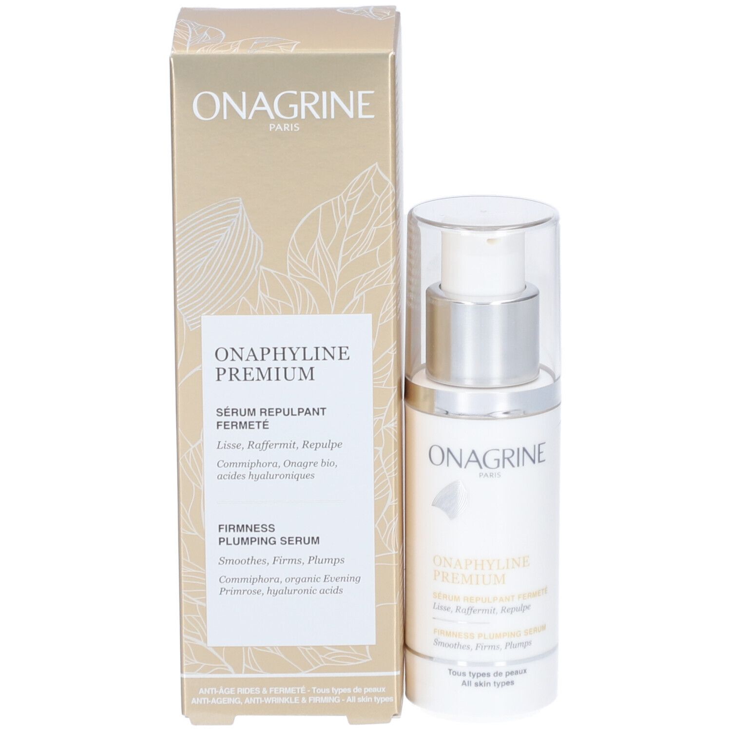 Flacon de sérum Onagrine Onaphyline Premium et emballage. Emballage doré, flacon blanc. Nom du produit.