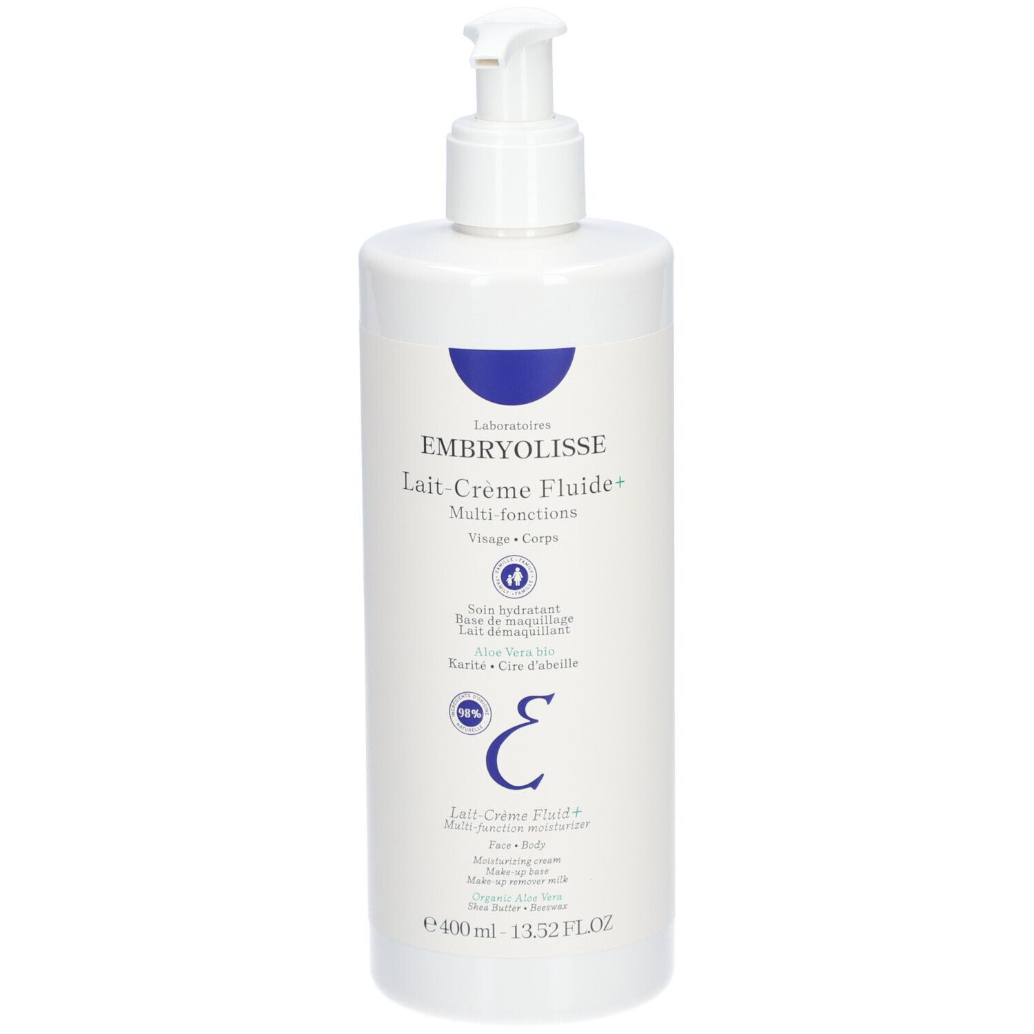 Weiße Flasche mit Pumpe. Aufschrift: Embryolisse Lait-Crème Fluide+. Für Gesicht und Körper. 400 ml.
