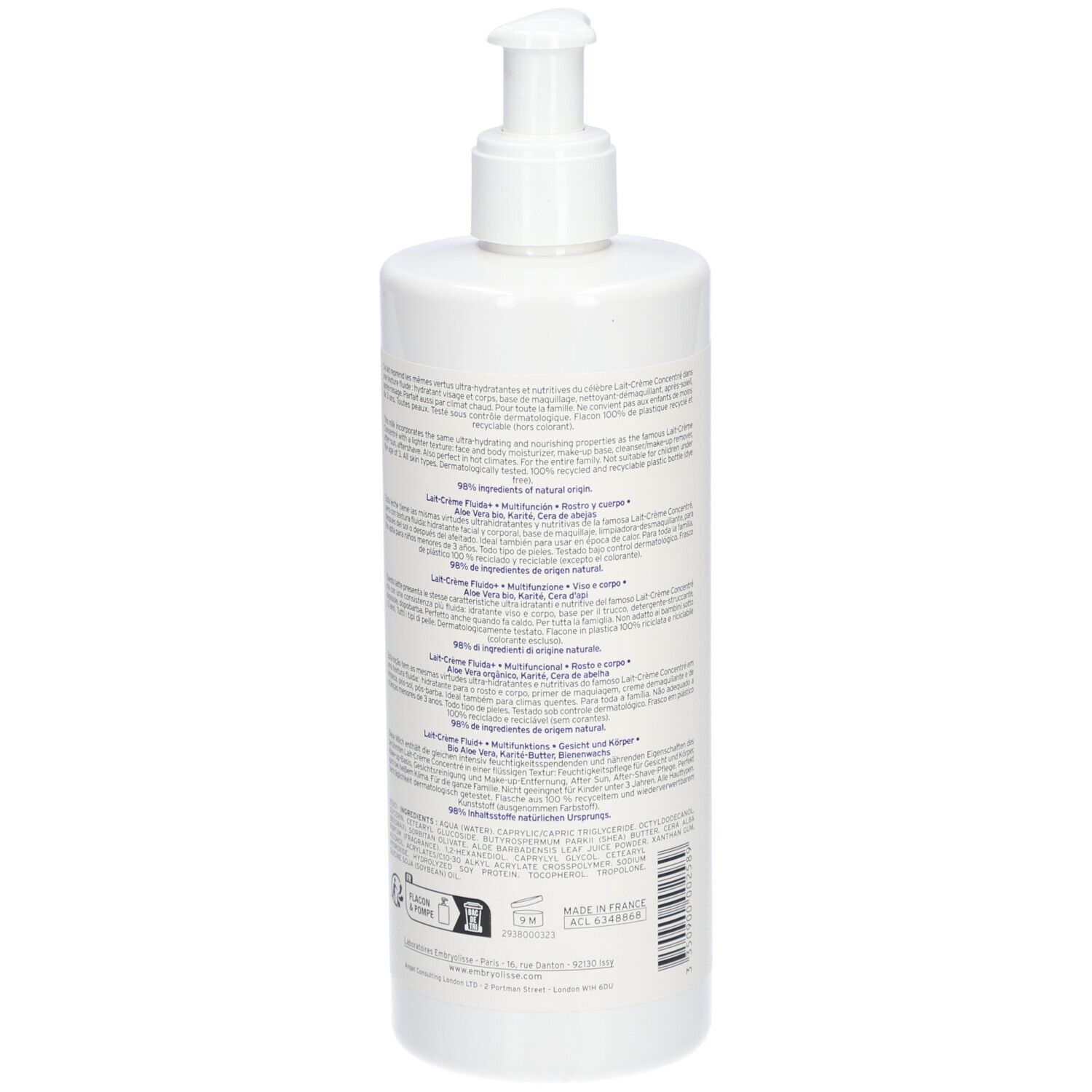 Weiße Flasche mit Pumpe. Rückseite mit Text. Informationen über Inhaltsstoffe und Hersteller.