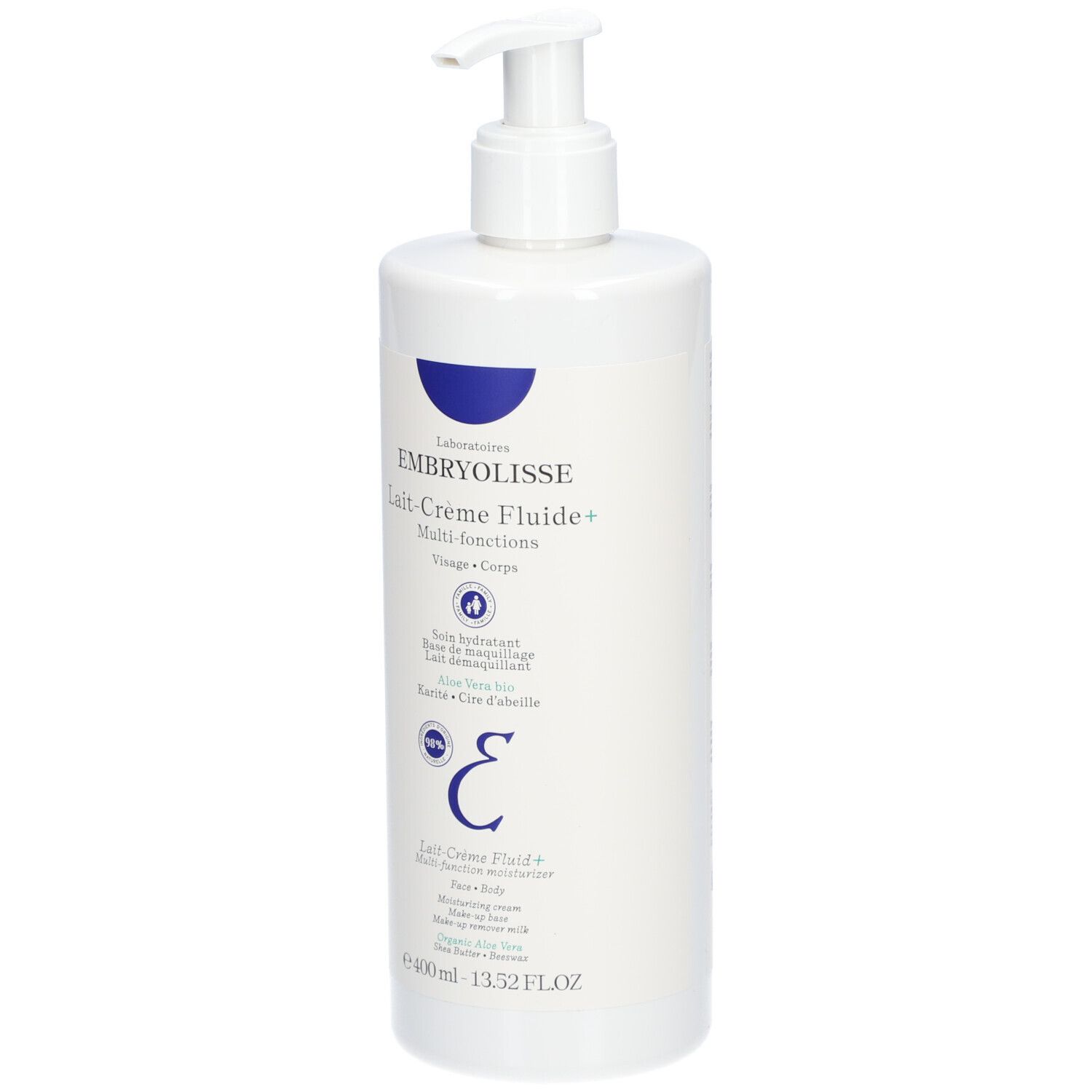 Weiße Flasche mit Pumpe. Aufschrift: Embryolisse Lait-Crème Fluide+. Für Gesicht und Körper. 400 ml.