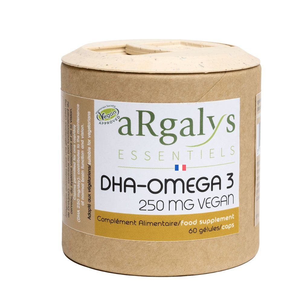 Braune Dose mit weißem Deckel. Aufschrift: aRgalys, DHA-OMEGA 3, 250 mg VEGAN. Vegan-Siegel.