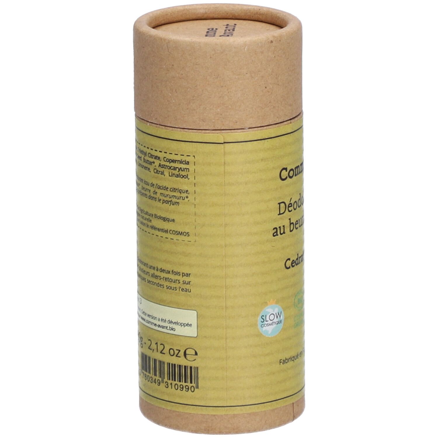 Dos de l'emballage cylindrique en carton. Contient ingrédients et informations. Label: Slow Cosmétique. Code-barres et informations de production.
