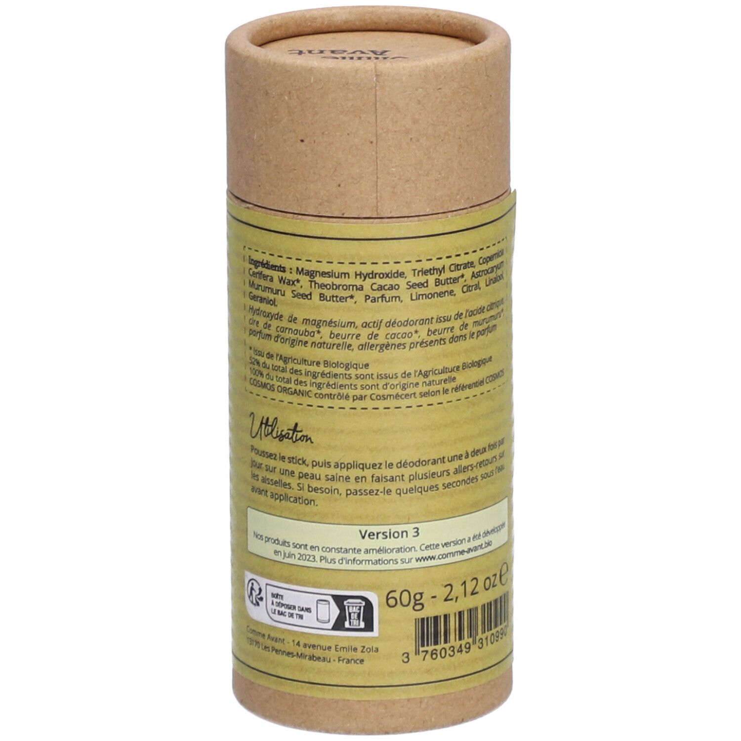 Emballage cylindrique en carton. Contient ingrédients, instructions d'utilisation et taille. Labels: Bio, Vegan. Code-barres et informations de production.