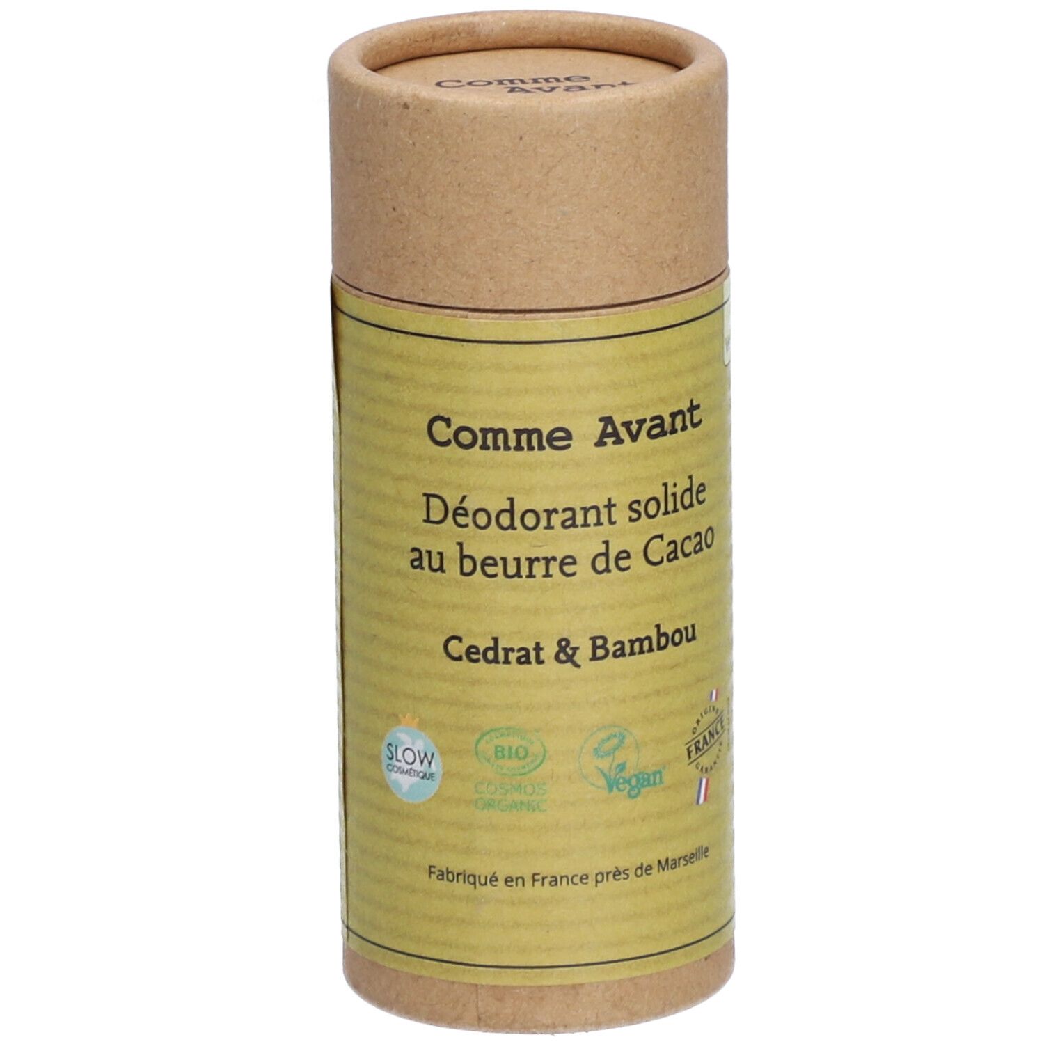 Emballage cylindrique en carton. Inscription: Comme Avant, Déodorant solide au beurre de Cacao, Cédrat & Bambou. Labels: Bio, Vegan, Slow Cosmétique.
