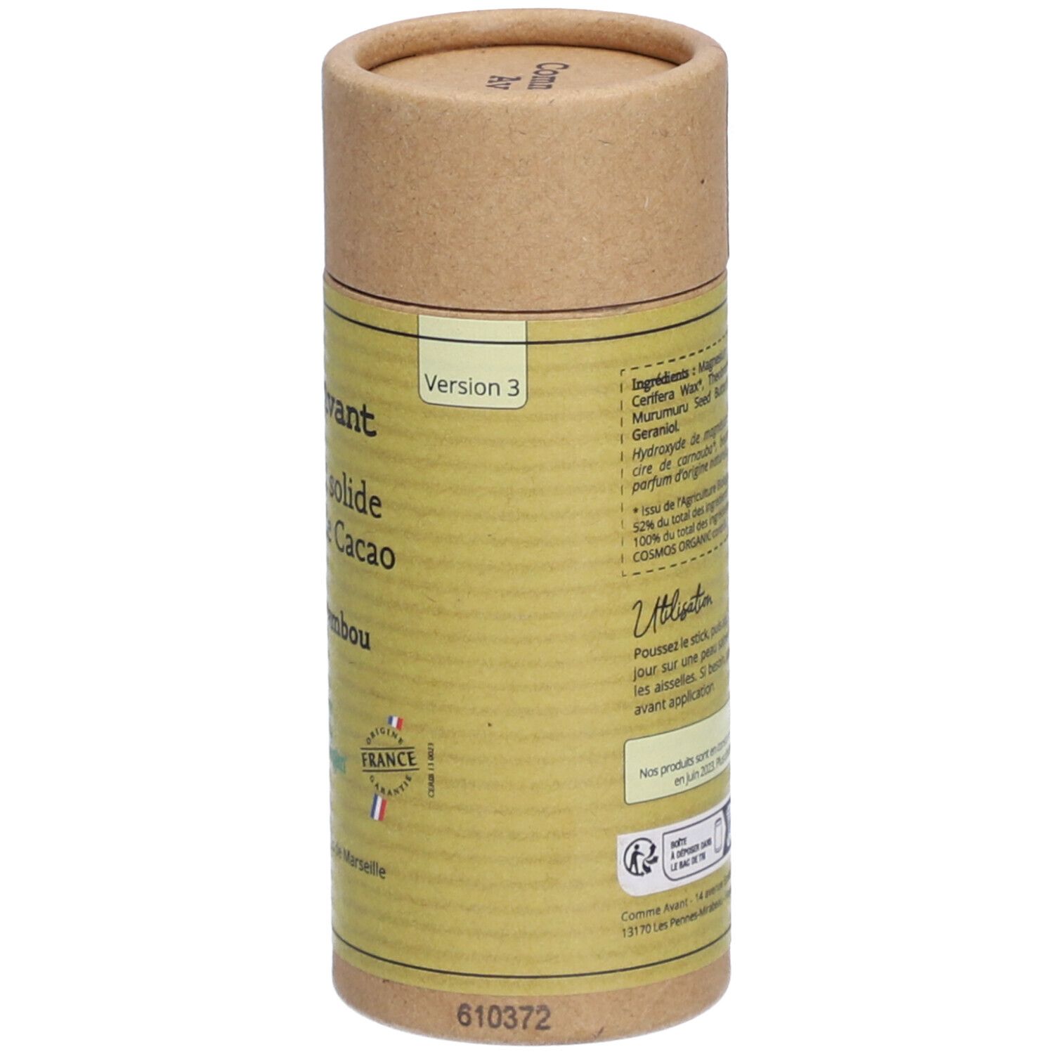 Dos de l'emballage cylindrique en carton. Contient informations et labels. Version 3. Code-barres et informations de production.
