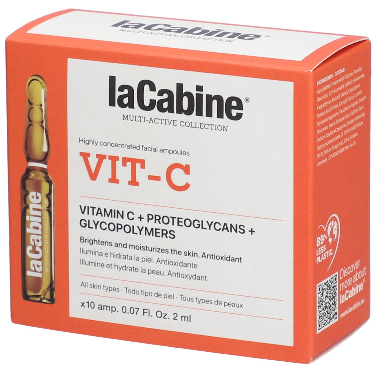 Boîte orange avec ampoule. Inscription: laCabine, VIT-C, Vitamine C + Protéoglycanes + Glycopolymères. 10 ampoules.