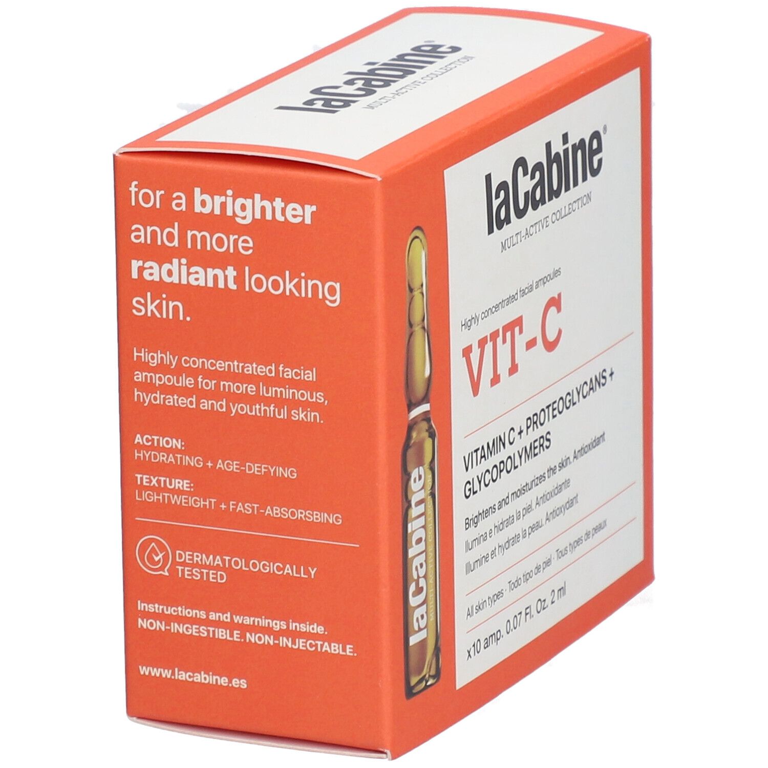 Boîte orange avec texte. Inscription: laCabine, VIT-C. Texte: Pour une peau plus lumineuse et plus radieuse. Non injectable.