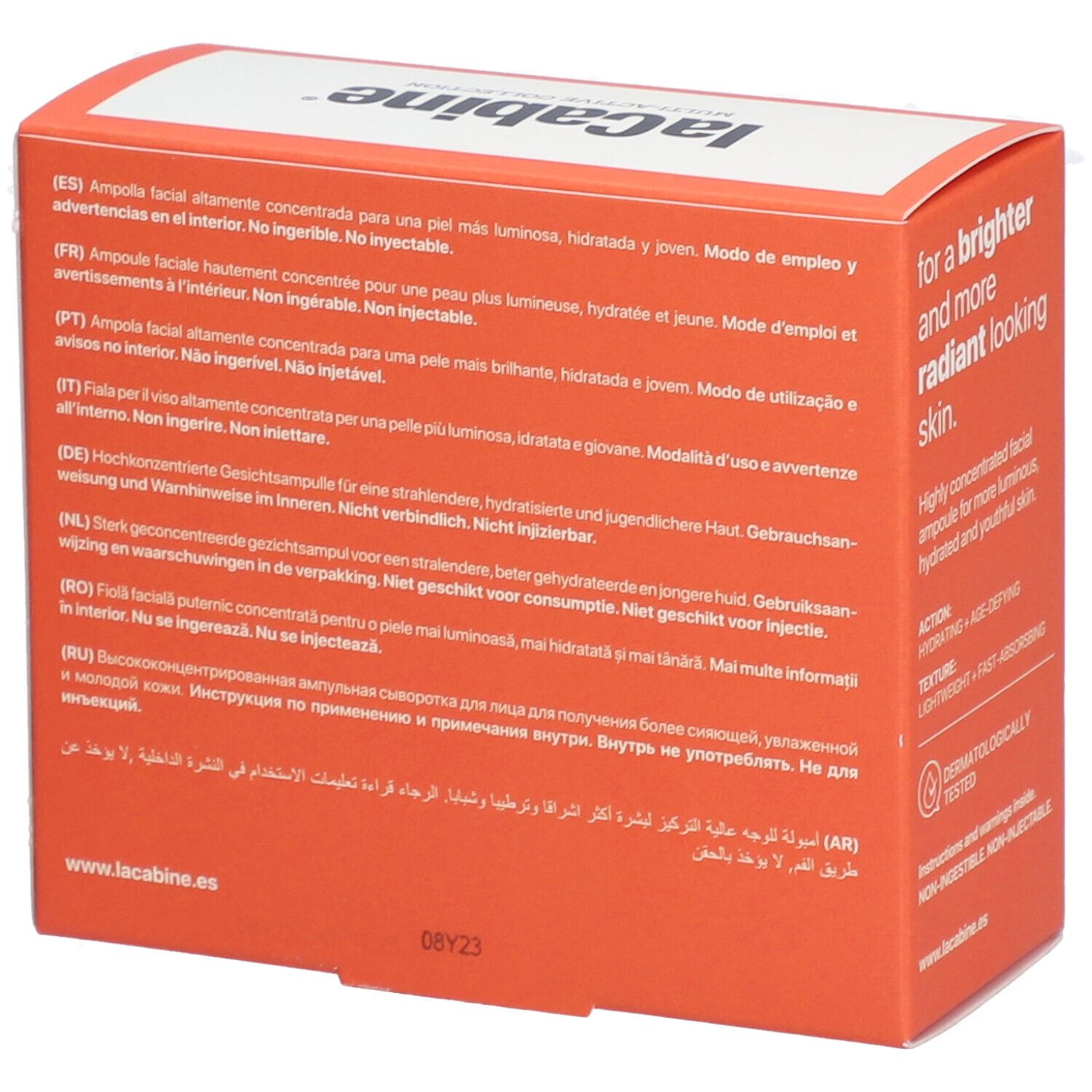 Dos d'une boîte orange. Texte en plusieurs langues. Inscription: laCabine. Non injectable. Ne pas ingérer.