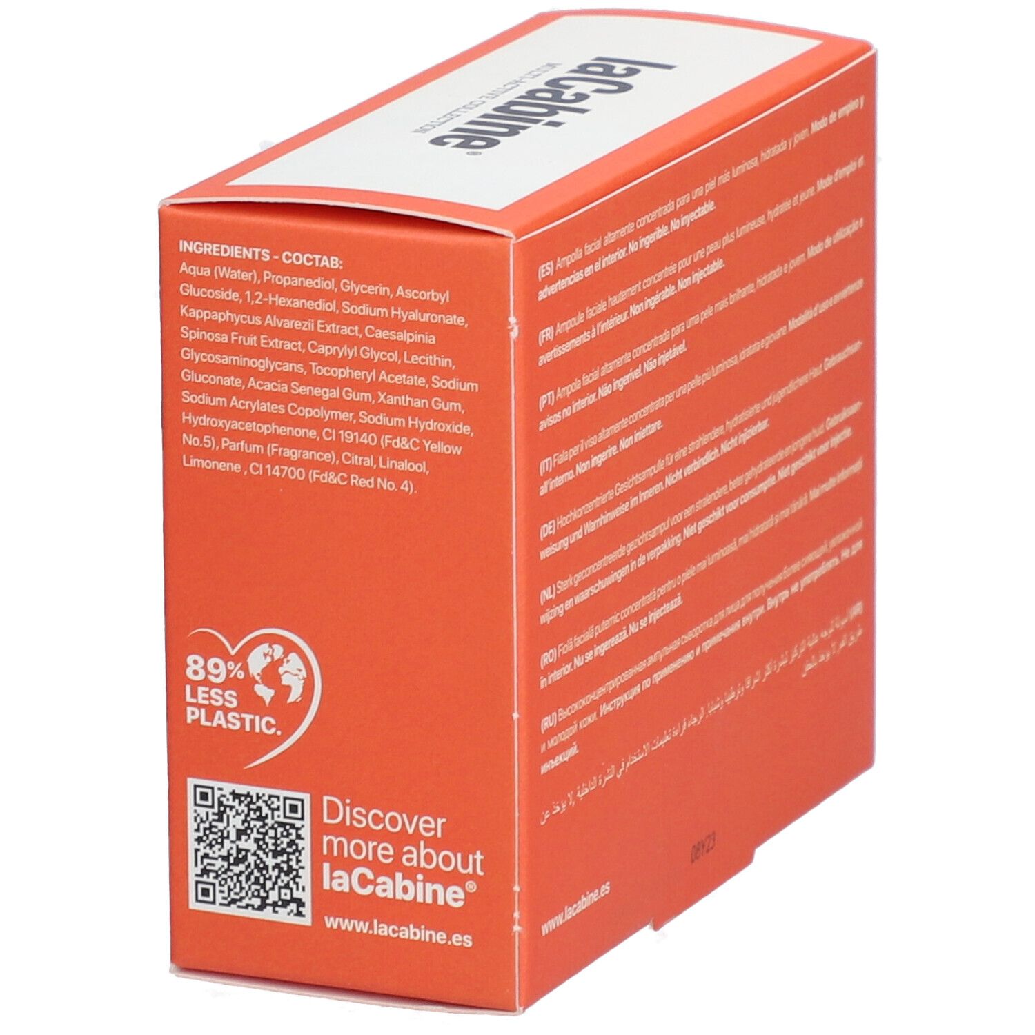 Boîte orange. Inscription: laCabine. Texte: 89% moins de plastique. Code QR. Ingrédients. Non injectable.