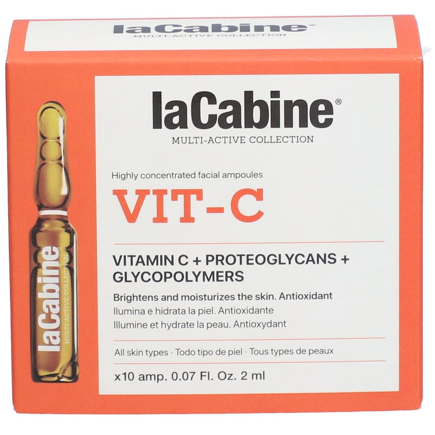 Boîte orange avec ampoule. Inscription: laCabine, VIT-C, Vitamine C + Protéoglycanes + Glycopolymères. 10 ampoules.