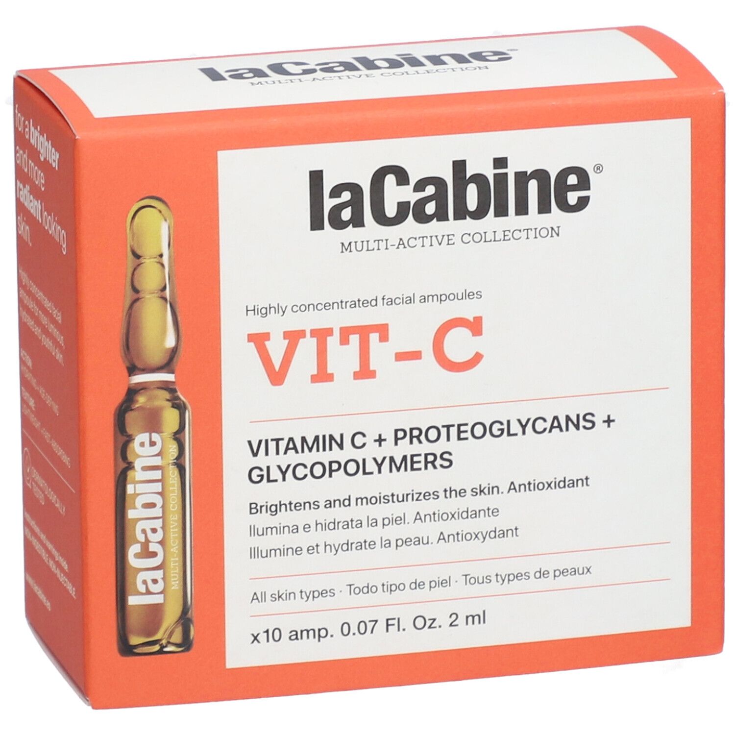 Boîte orange avec ampoule. Inscription: laCabine, VIT-C, Vitamine C + Protéoglycanes + Glycopolymères. 10 ampoules.