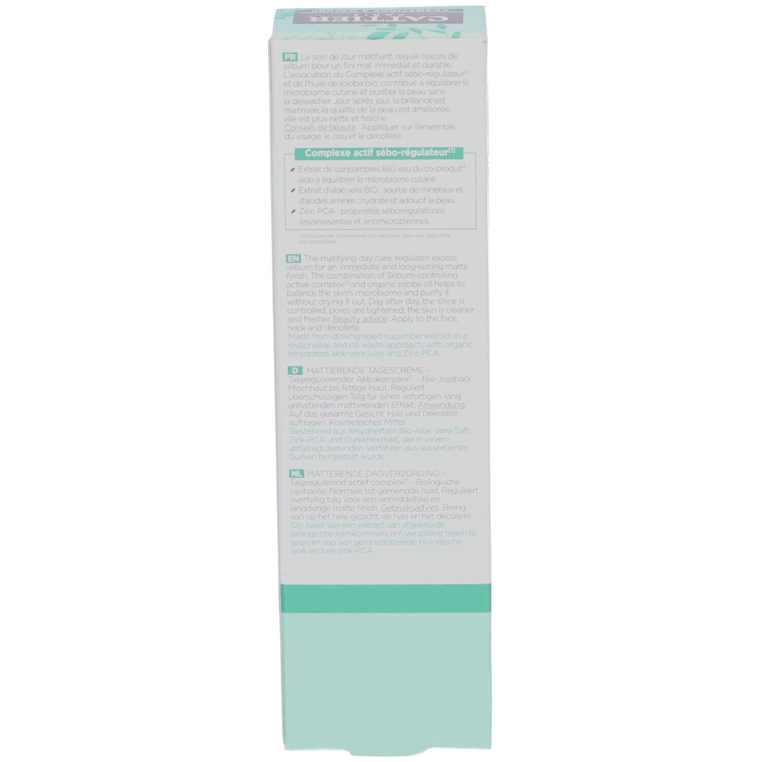 Rückseite der Verpackung der Cattier Dermo Tagespflege. Text in mehreren Sprachen. Bio-Zertifizierung.
